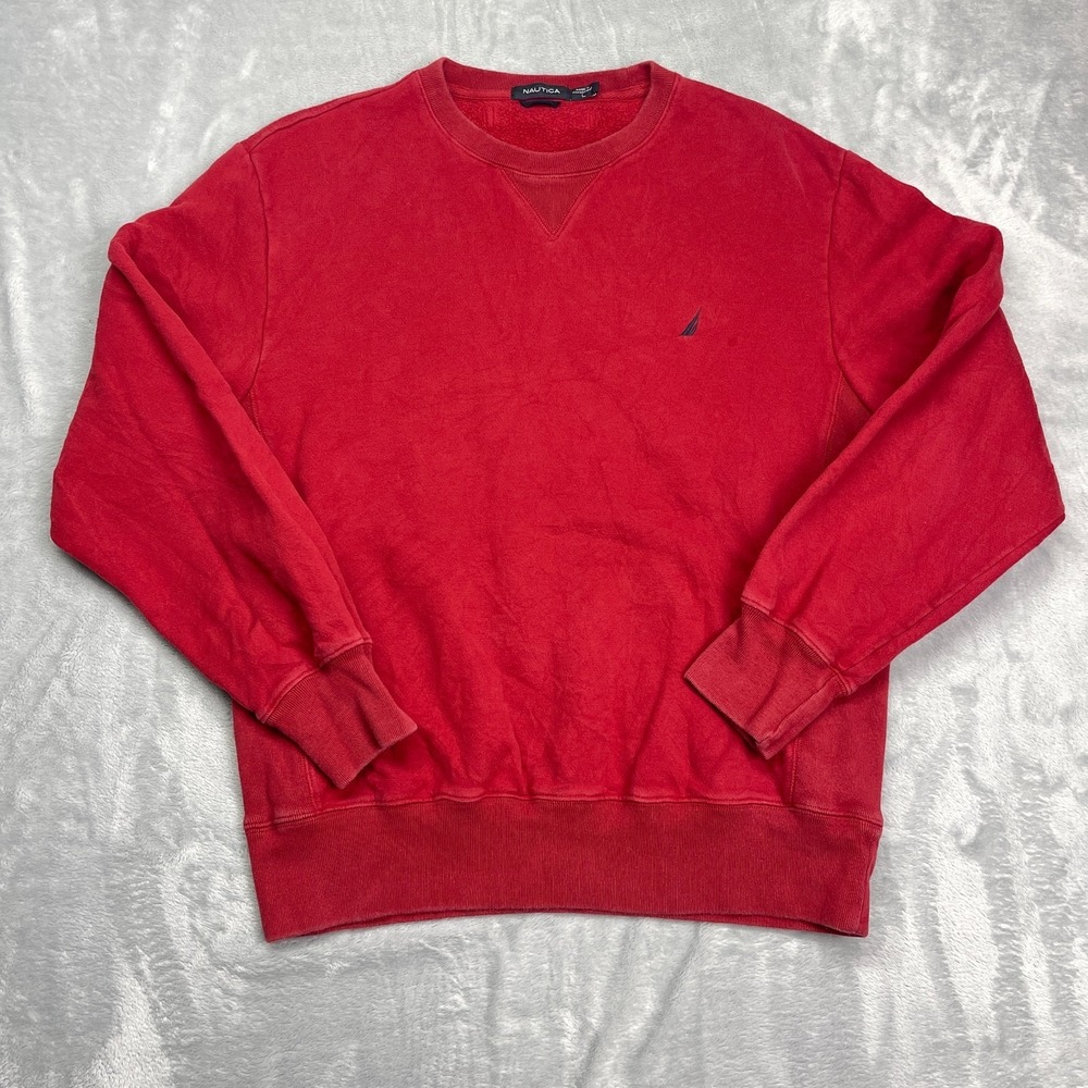 Nautica Sweatshirt Mens‎ Large Red Fleece Lined Long Sleeve Crew Neck Pullover